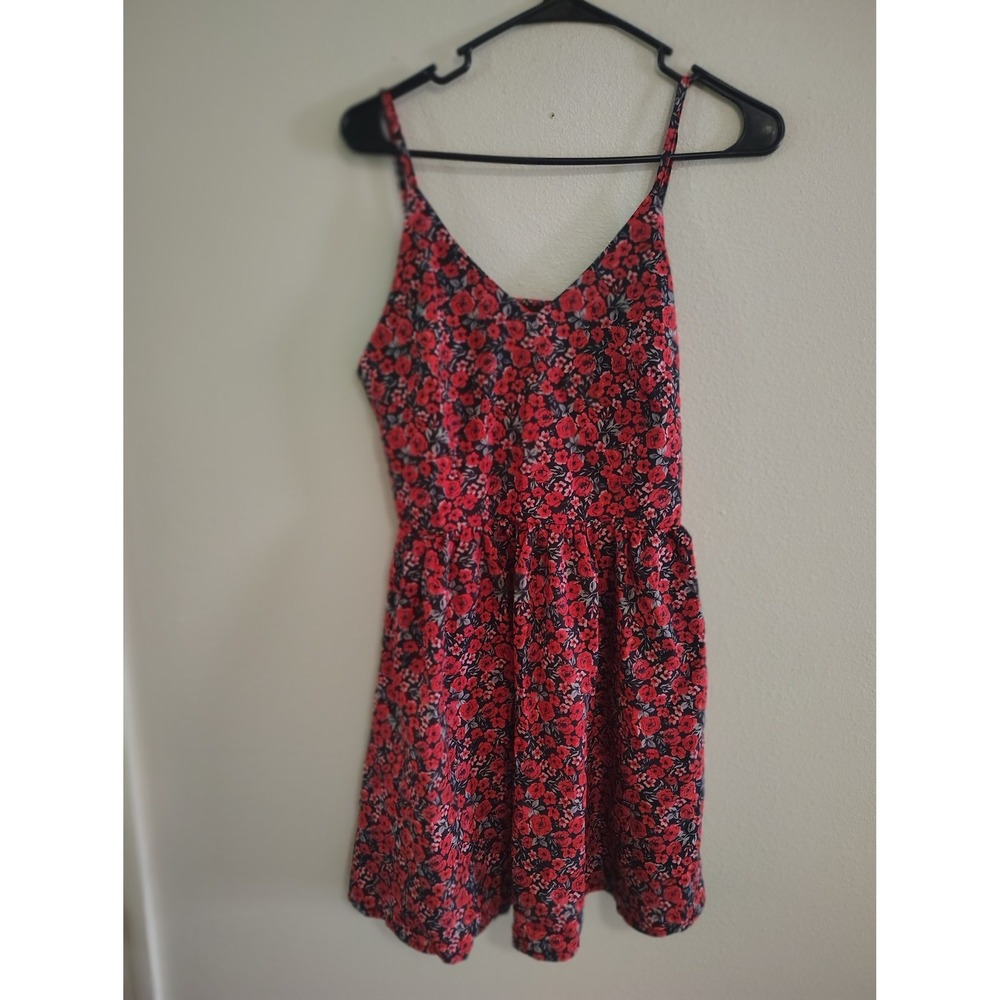 Floral V-Neck Mini Dress Red Black Rose Print Skater Style Spaghetti Strap